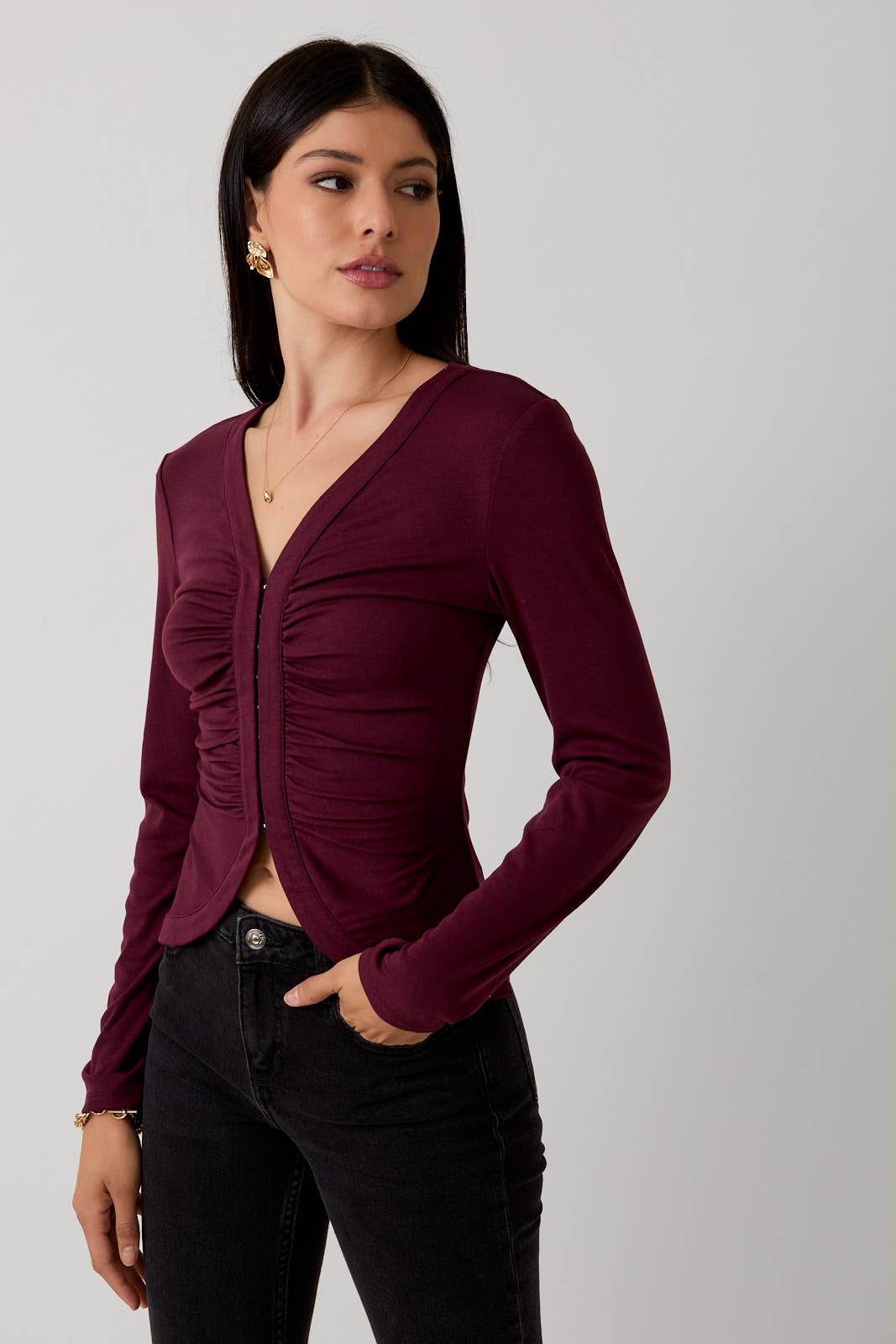 Burgundy V-Neck Long Sleeve
