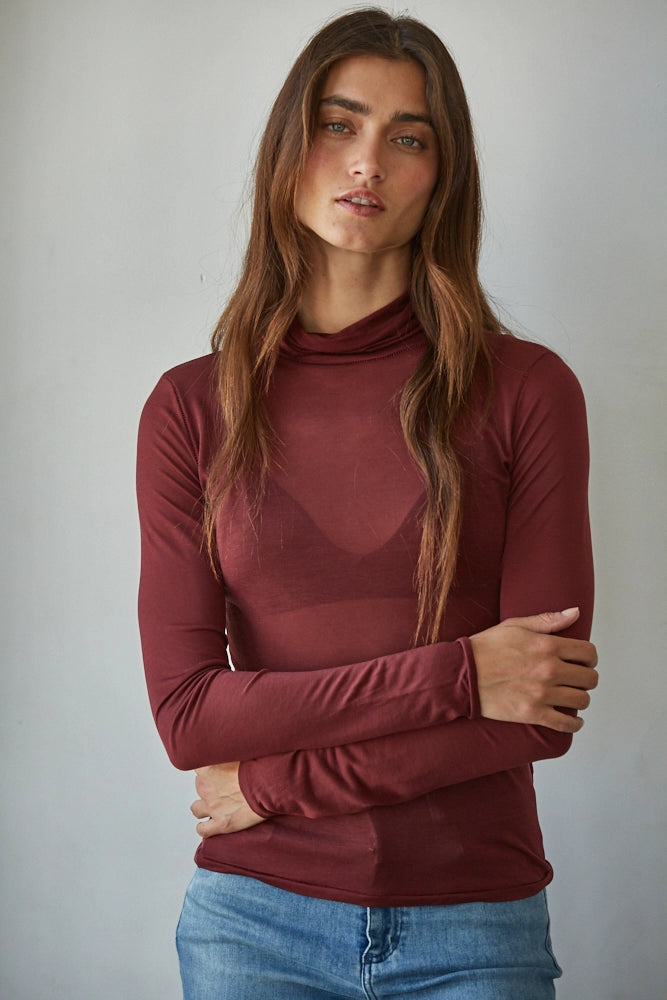 Burgundy Turtleneck Sheer Top