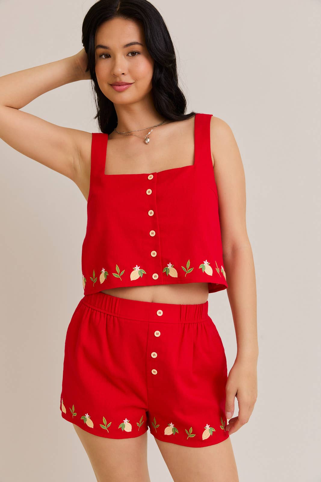 Red Embroidery Lemon Short Set