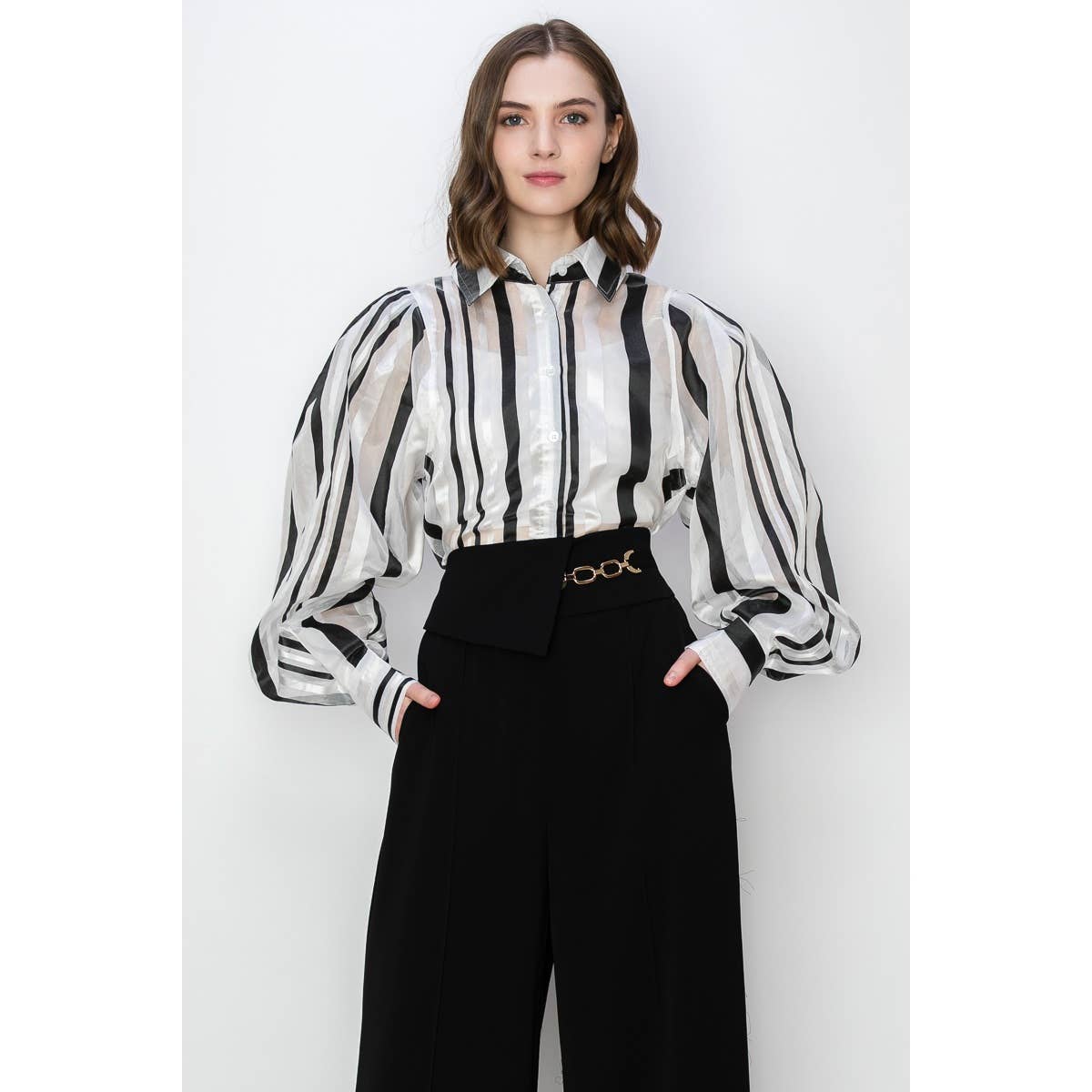 Stripe Long Puff Sleeves Blouse Top