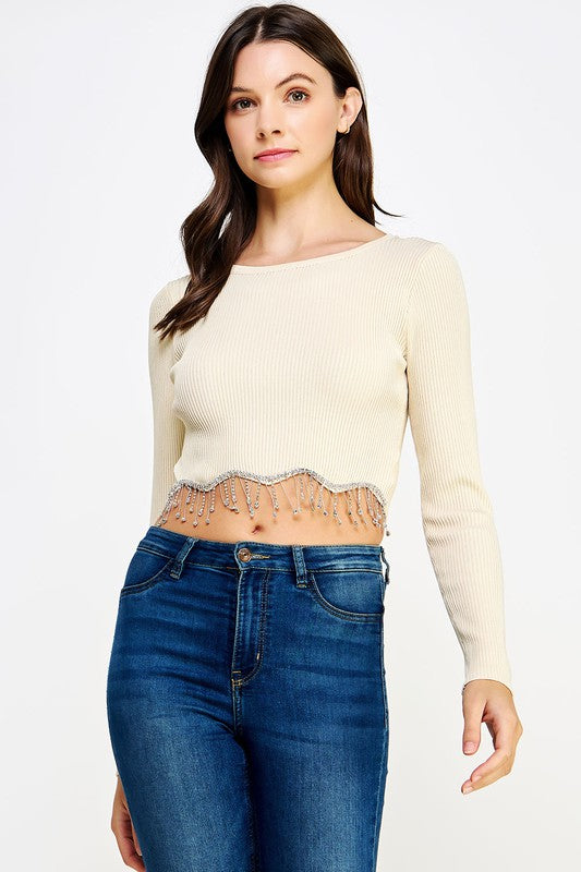 Rhinstone Fringe Knit Crop Top