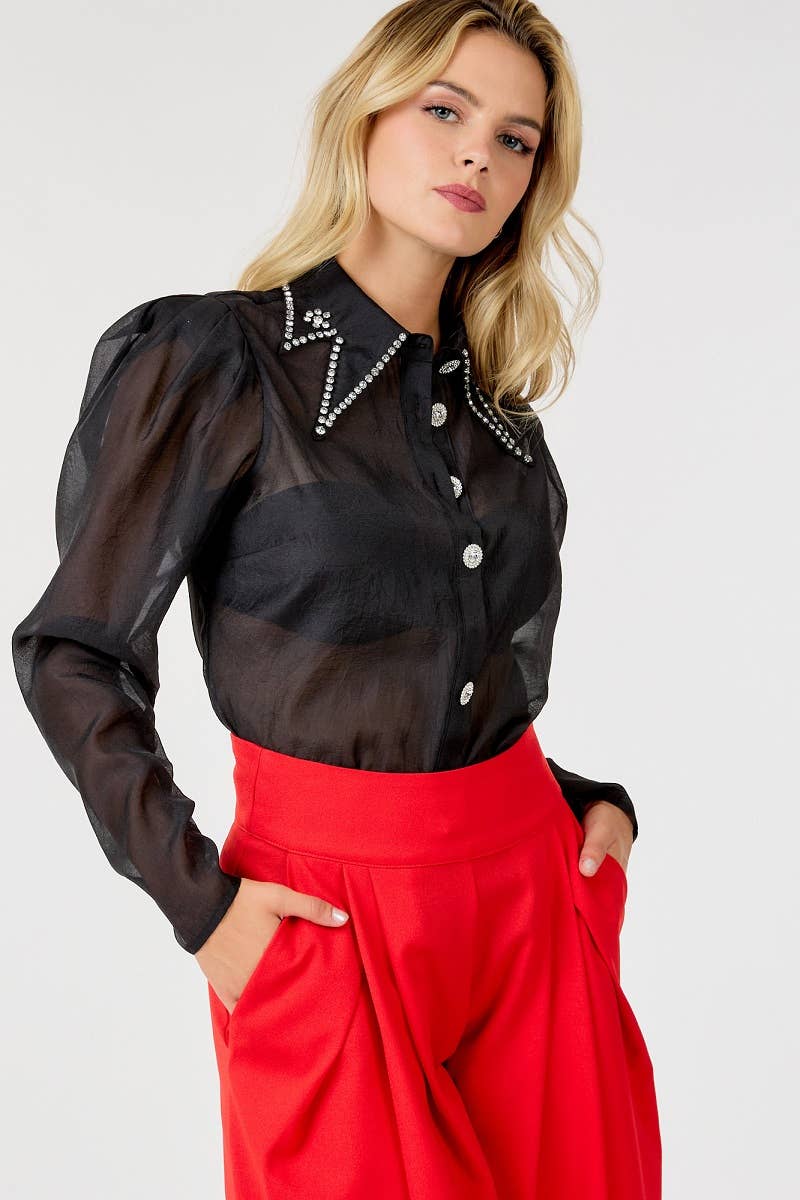 Black  Rhinestone Button up Top