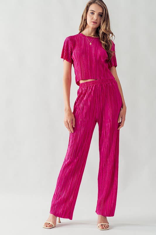 FUCHSIA PLEATED CROP TOP AND PANTS SET