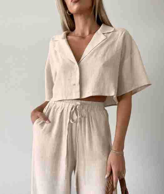 2 Piece  Linen Crop Top Pant Set