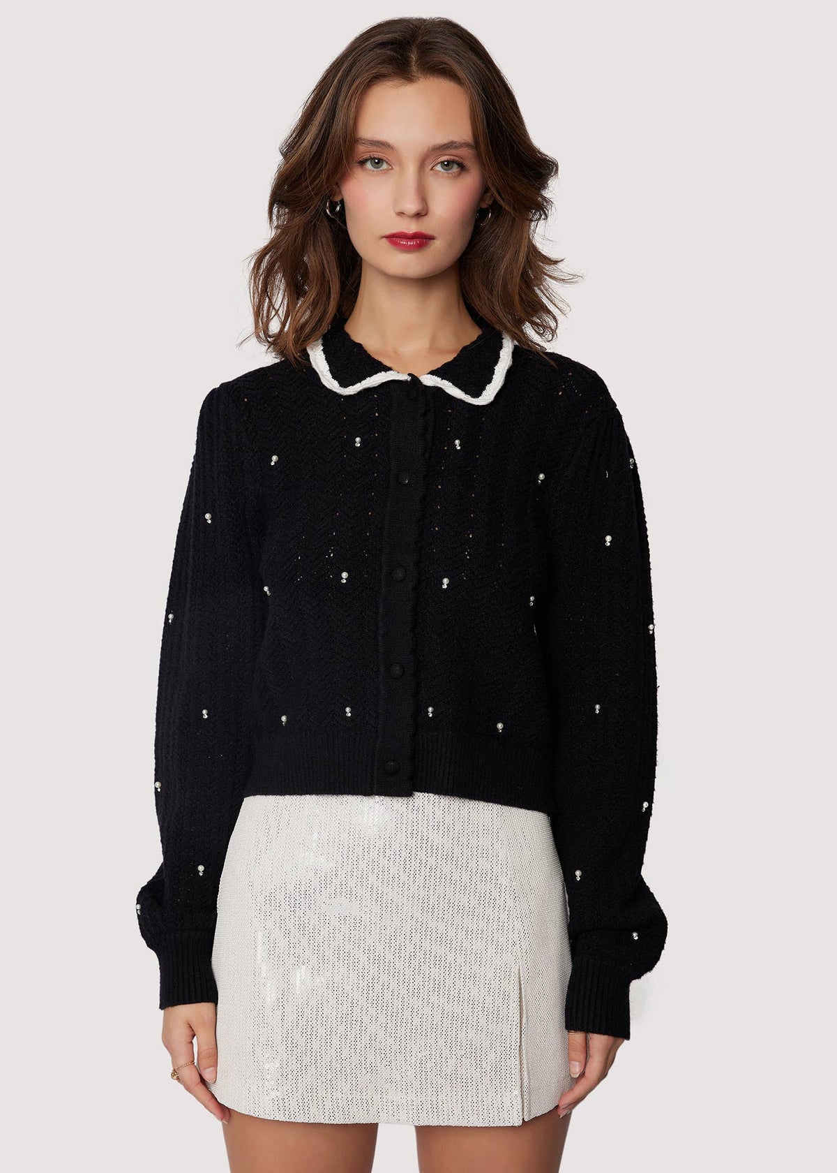 Perla Cardigan - Fall Knit Scallop Collar Pearl/Crystal