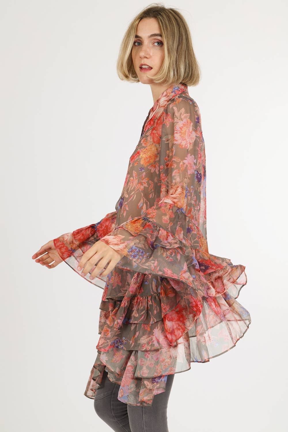 Floral Print Tiered Ruffles Cuffs Chiffon Blouse QW2007