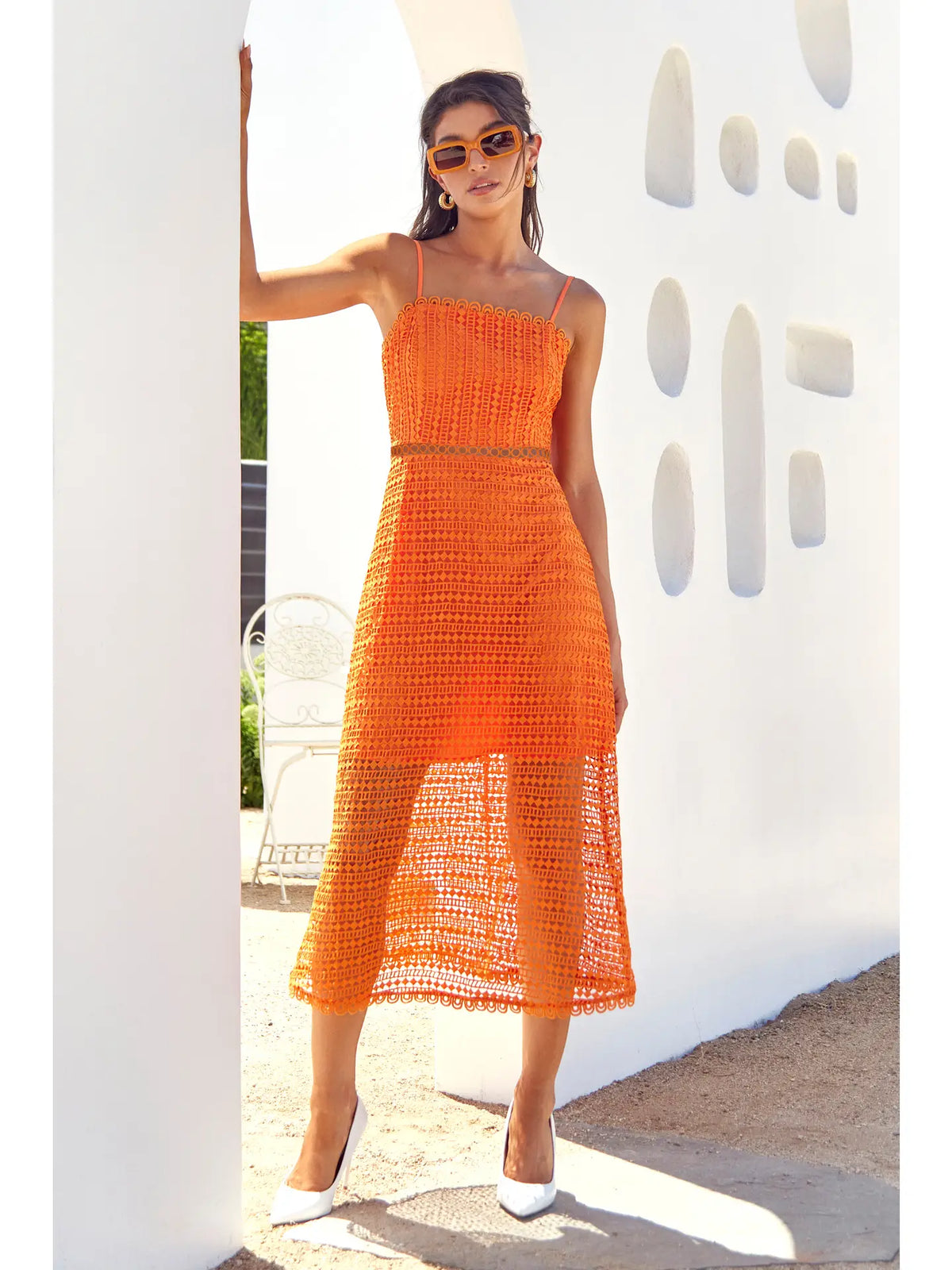 Orange Lace Midi Dress