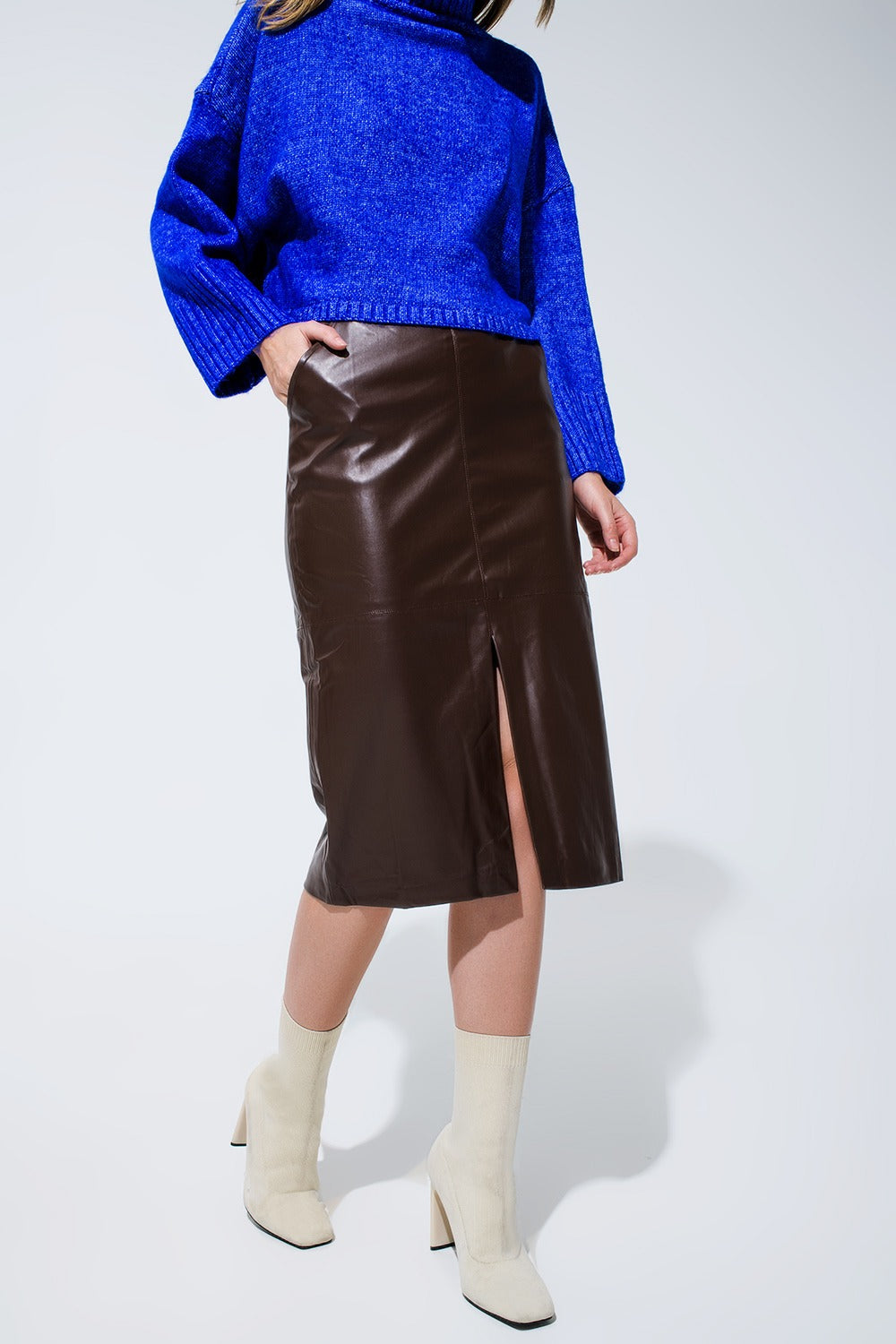 Brown Leather Pencil Skirt