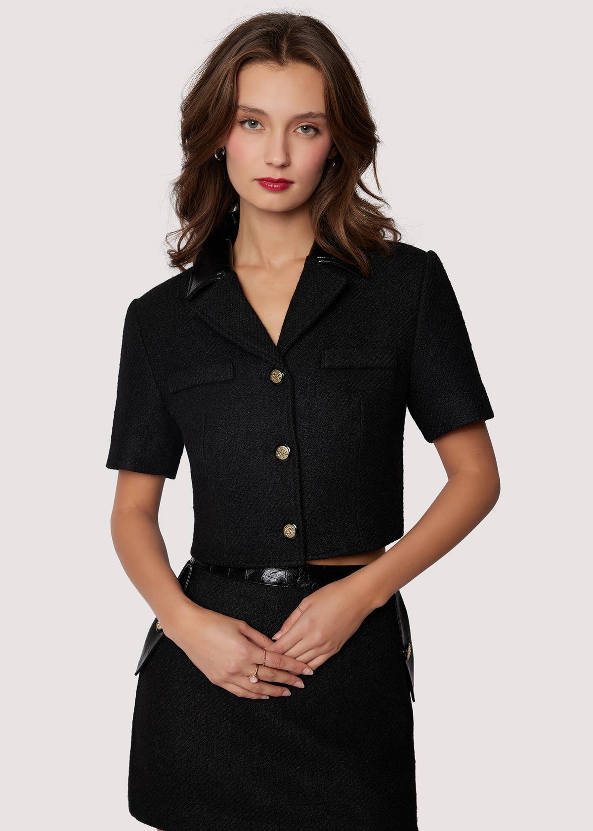 Alessia Jacket -Fall Black Short Slv Button Down Crop Blouse