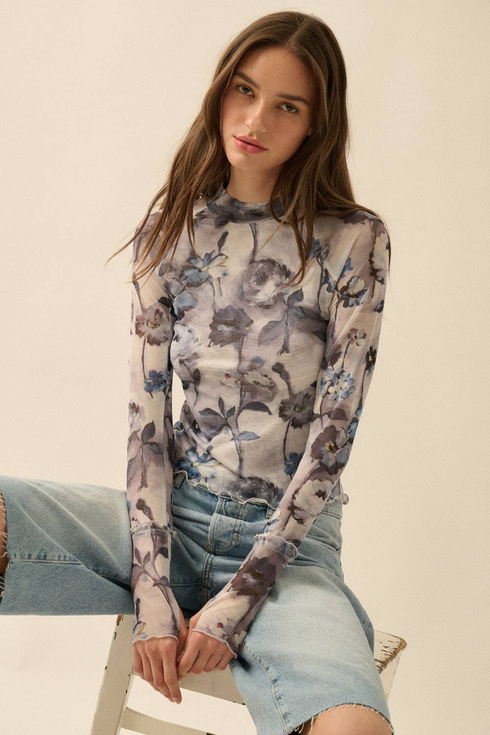White Floral Mesh Top