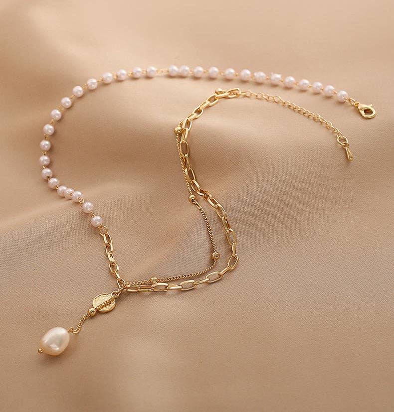 Ladies Lux Golden Beads and Pearl Necklace SKAJ001