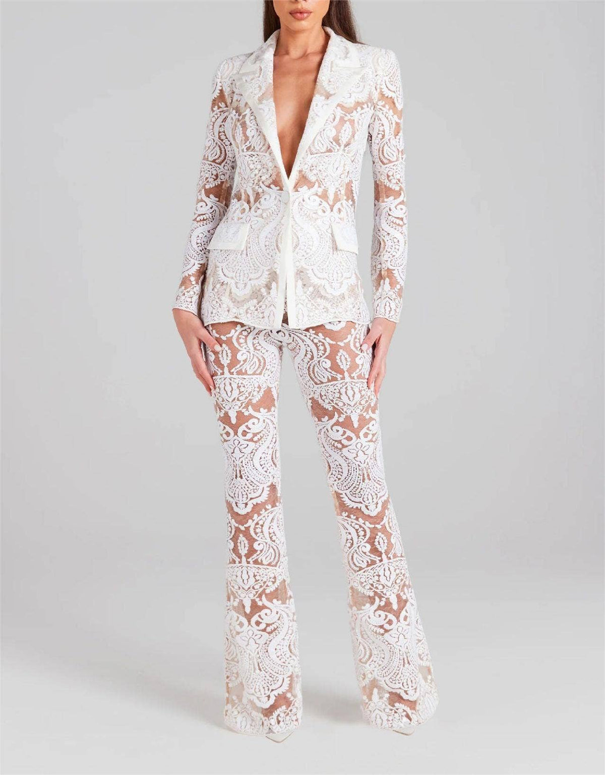 SET055 Lace Embroidered Sequin Blazer & Trouser Suit