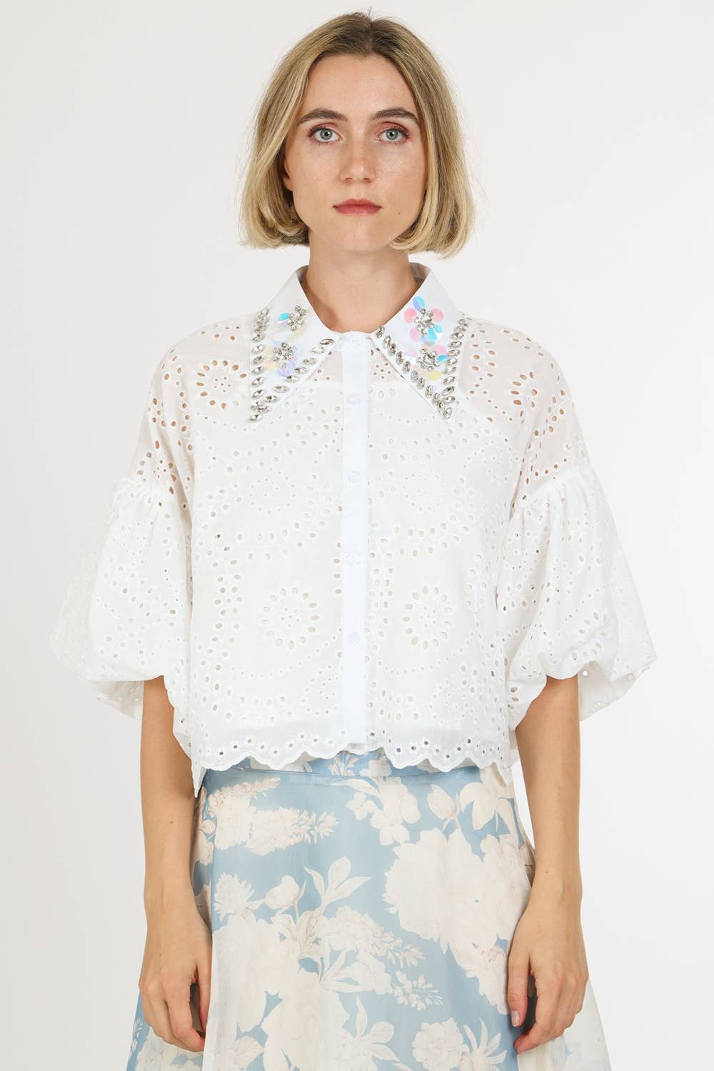 Iridescent Sequined & Embellished Eyelet Blouse QC2166
