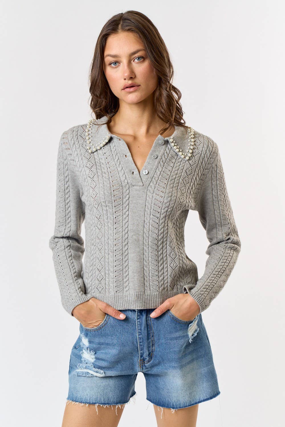 GRAY PEARL SWEATER TOP