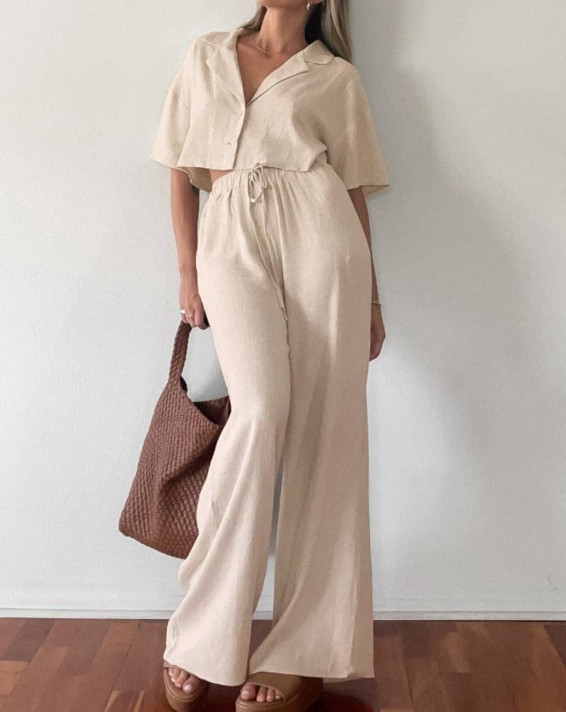 2 Piece  Linen Crop Top Pant Set